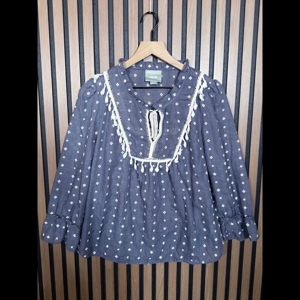 Maeve Blouse Medium Womens Blue Gray Tassel Popover Printed Top
